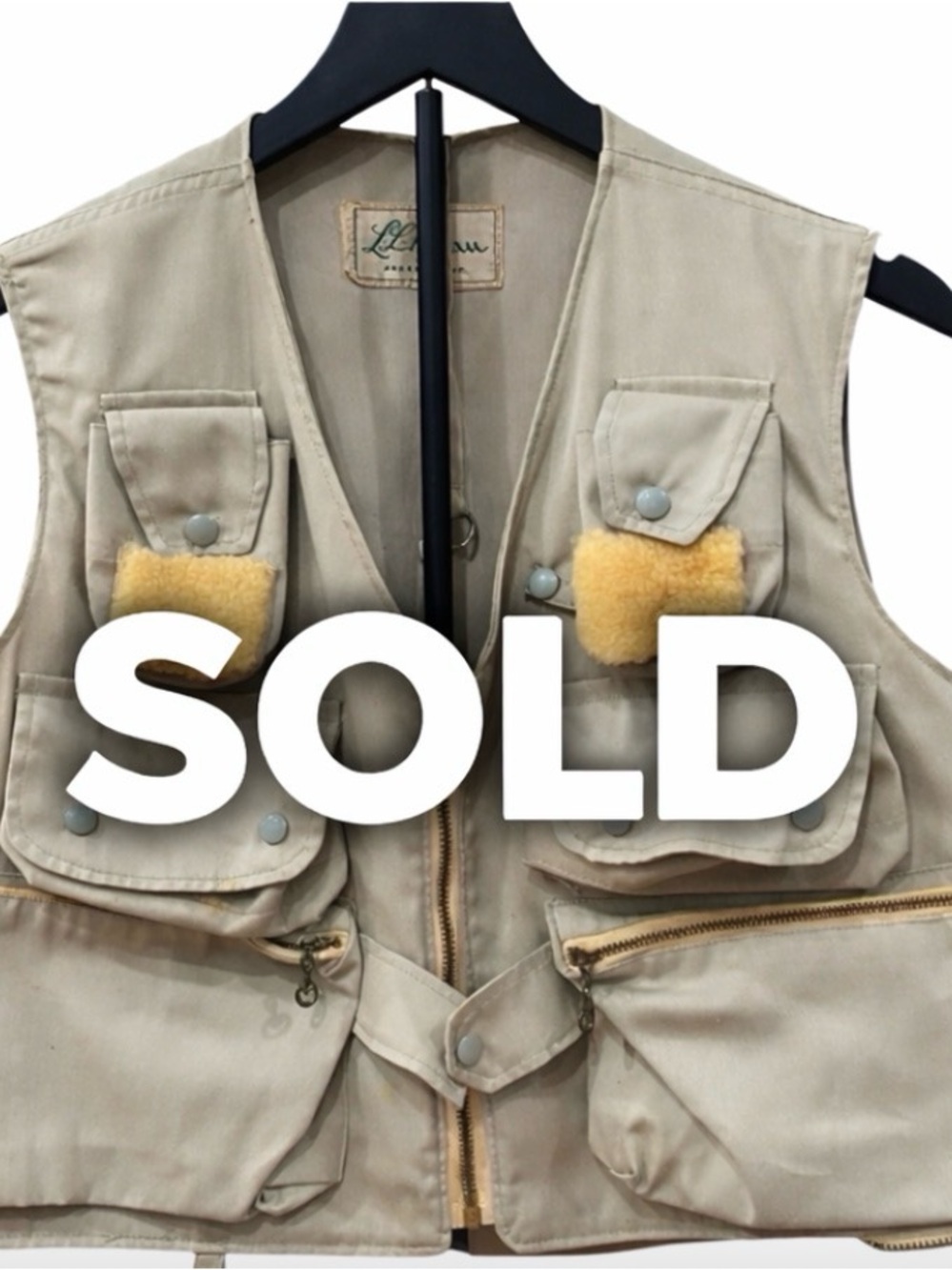 VTG LL Bean Fly Fishing Canvas Beige Vest With Extra Storage Pouch Size Medium